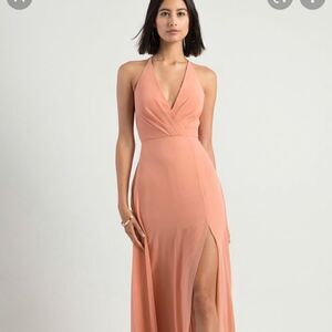 Jenny Yoo Bryce Peach Plunge Slit Maxi Dress Sz 10